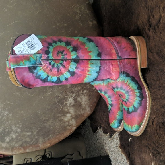 TIN HAUL "Happy Hippie" groovy rainbow tie dye leather cowgirl boots in box NWT - Picture 5 of 16